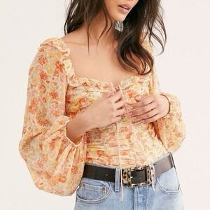 Free People Mabel Printed Blouse Orange Yellow Size Medium